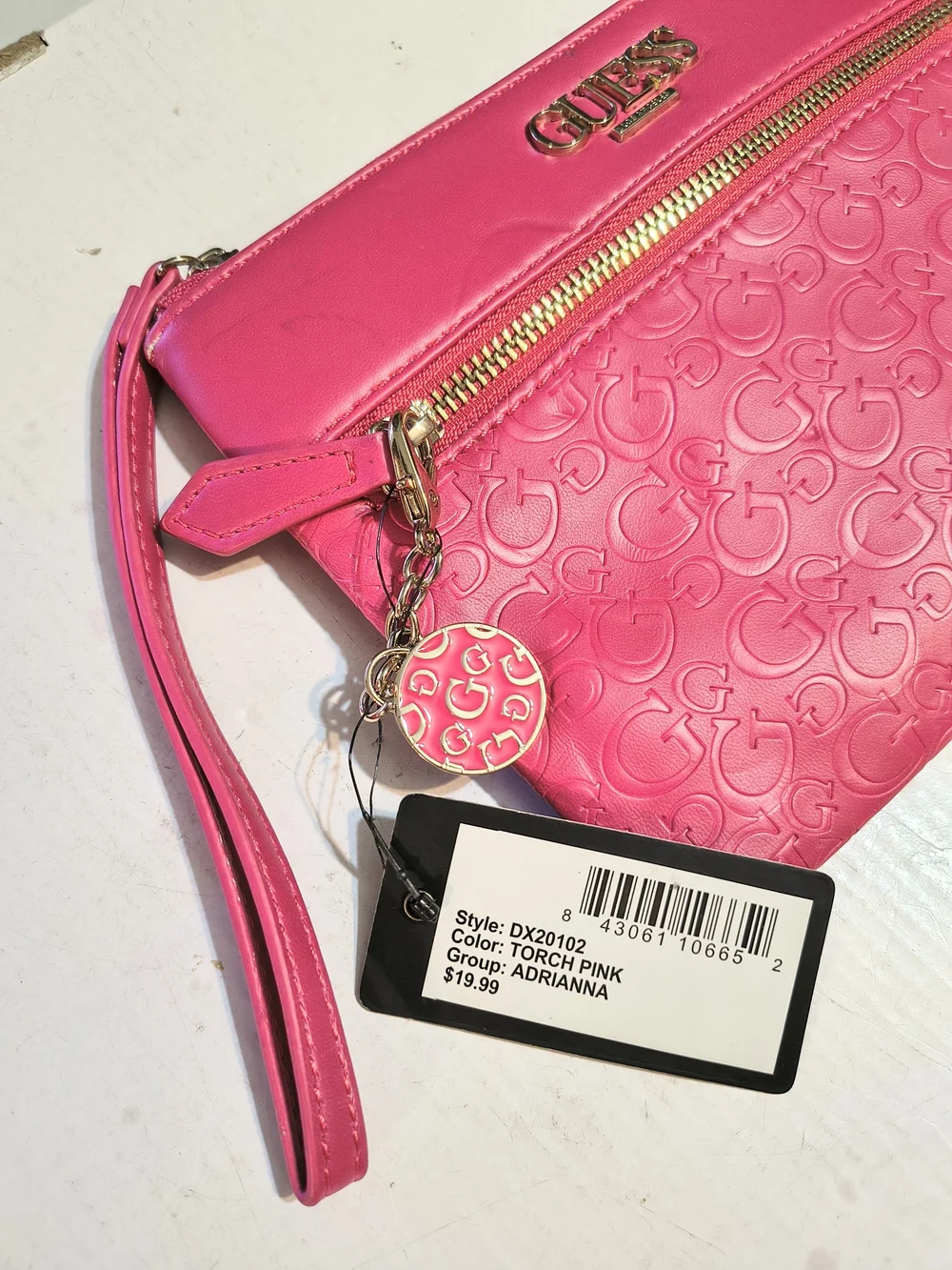 GUESS Hot Pink Embossed Logo Wristlet with Gold Hardware